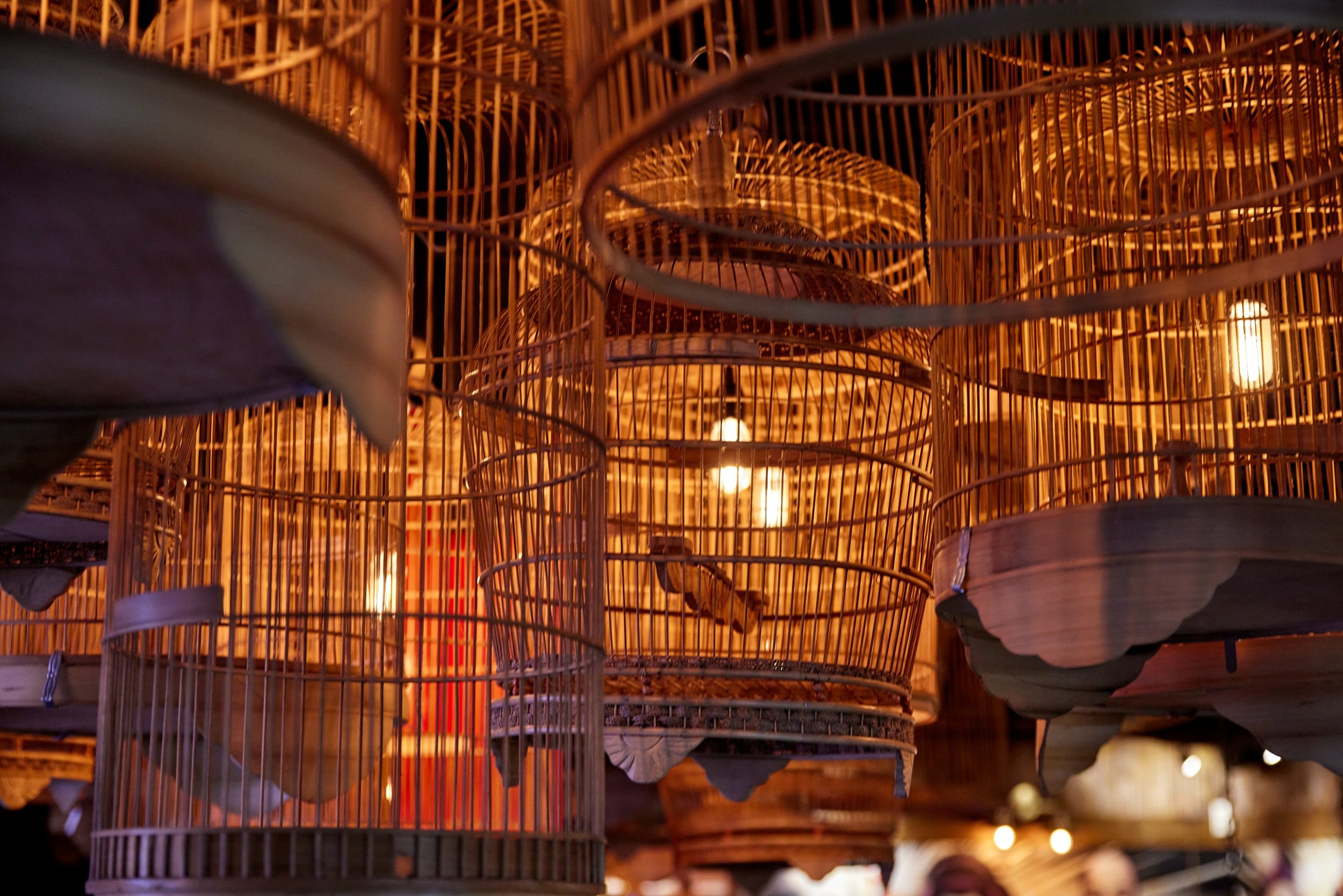 Outdoor terrace at Yuu Kitchen with hanging birdcages, perfect for events and gatherings.