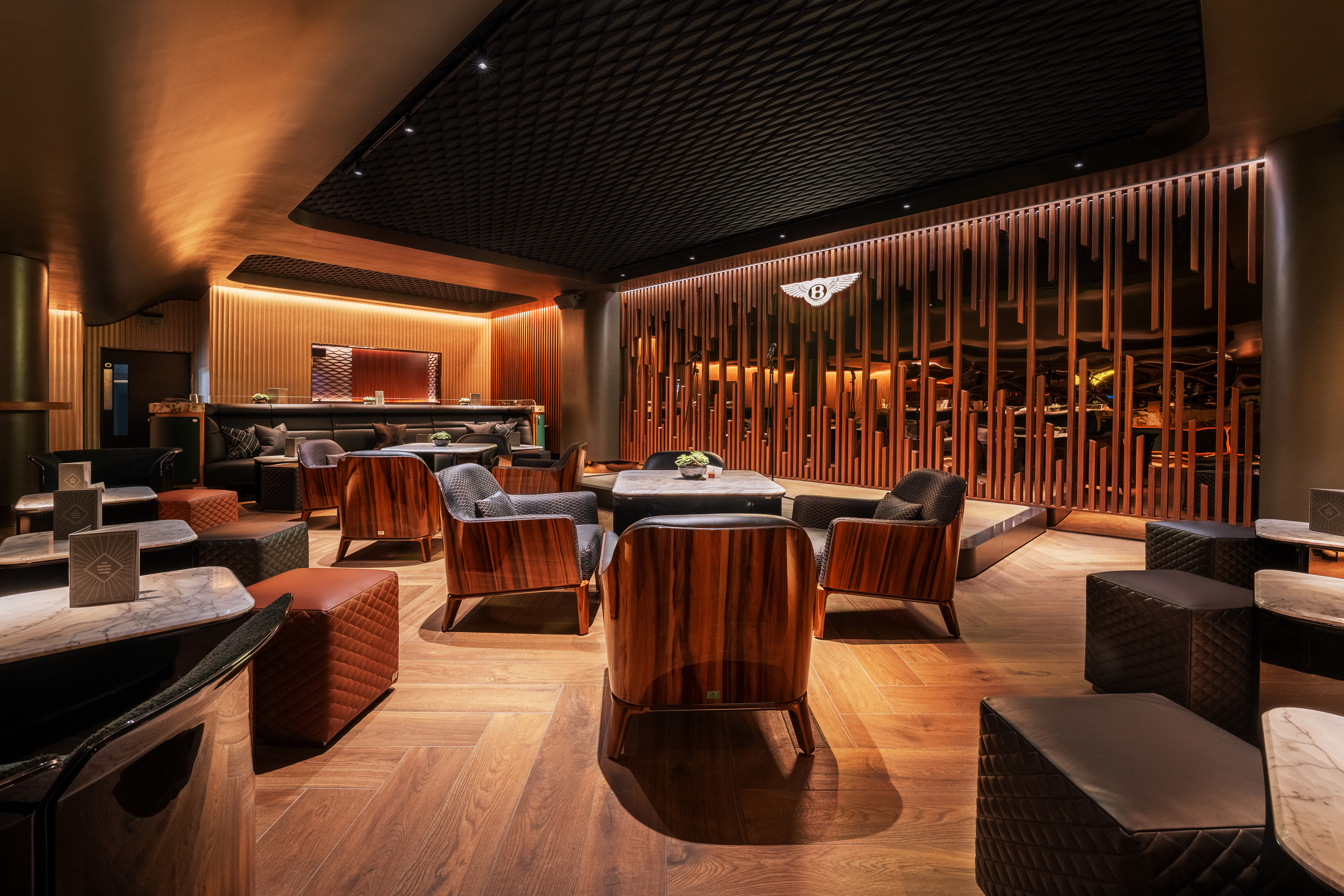 Sophisticated Bentley Record Room lounge for networking events and gatherings.