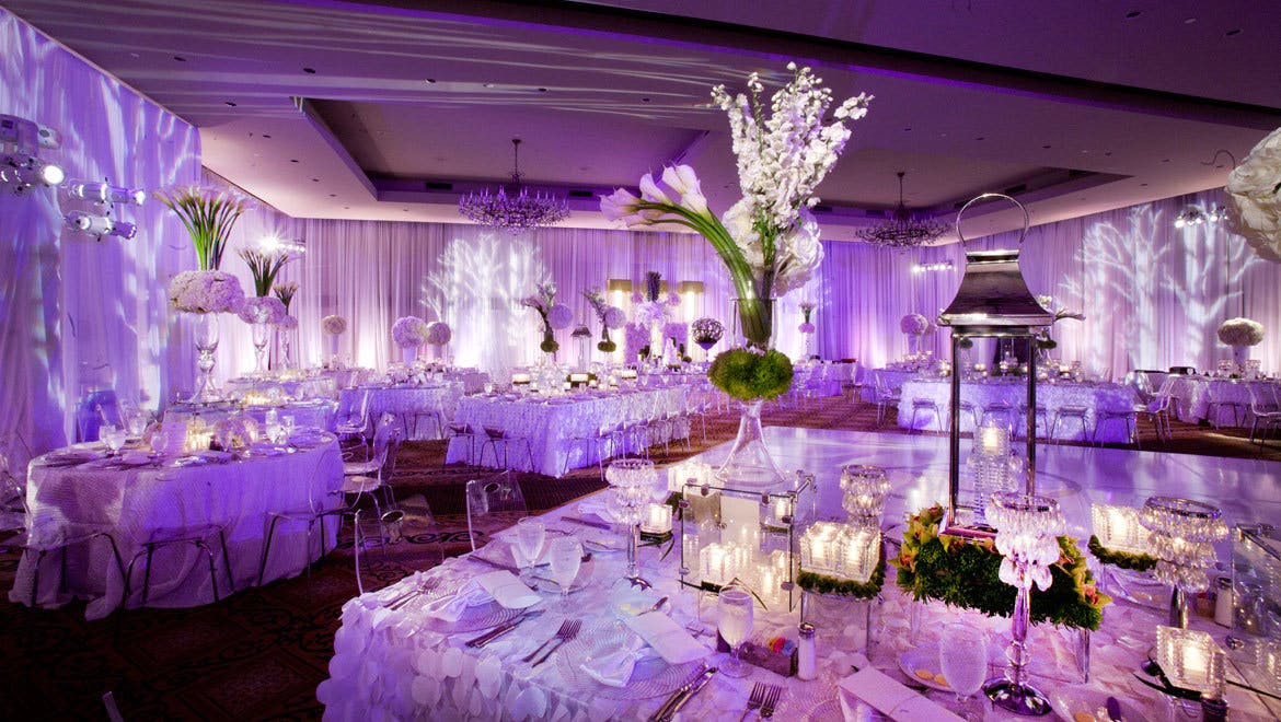 Elegant Constellation Ballroom with purple hues, perfect for weddings and corporate events.