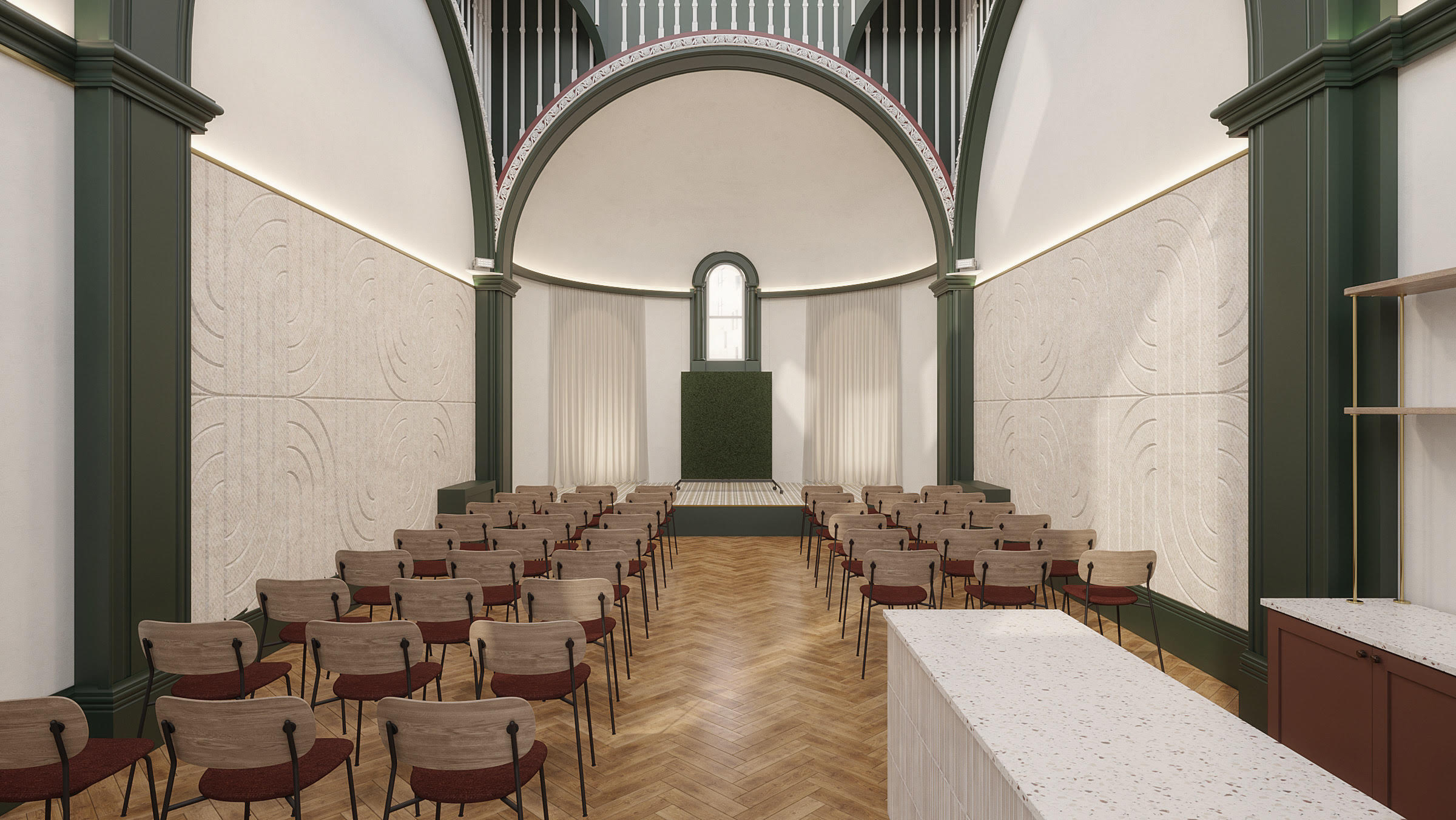 Elmtree event space with high ceilings, ideal for corporate meetings and presentations.