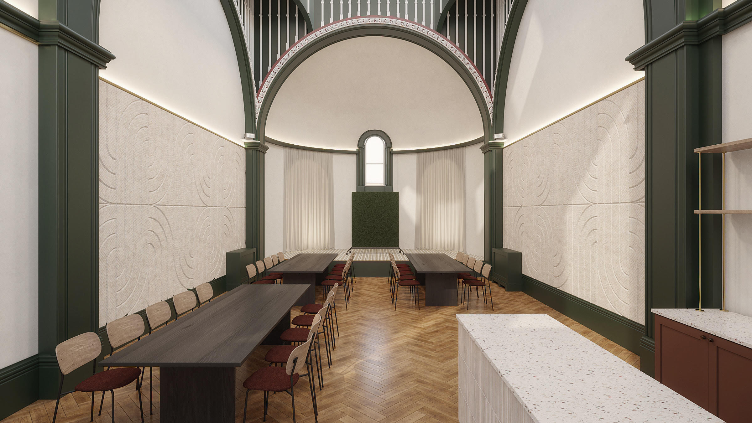 Stylish Elmtree meeting space with high ceilings for corporate events and workshops.