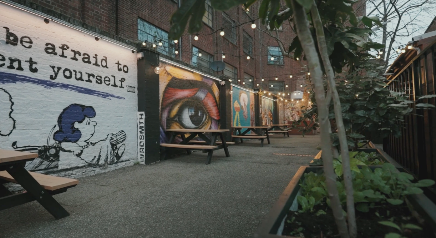 Industrial venue NYC brick string lights networking event