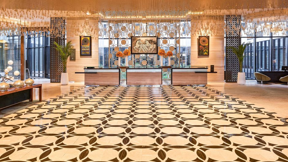 Elegant hotel lobby in Pullman New Delhi Aerocity, ideal for meetings and events.