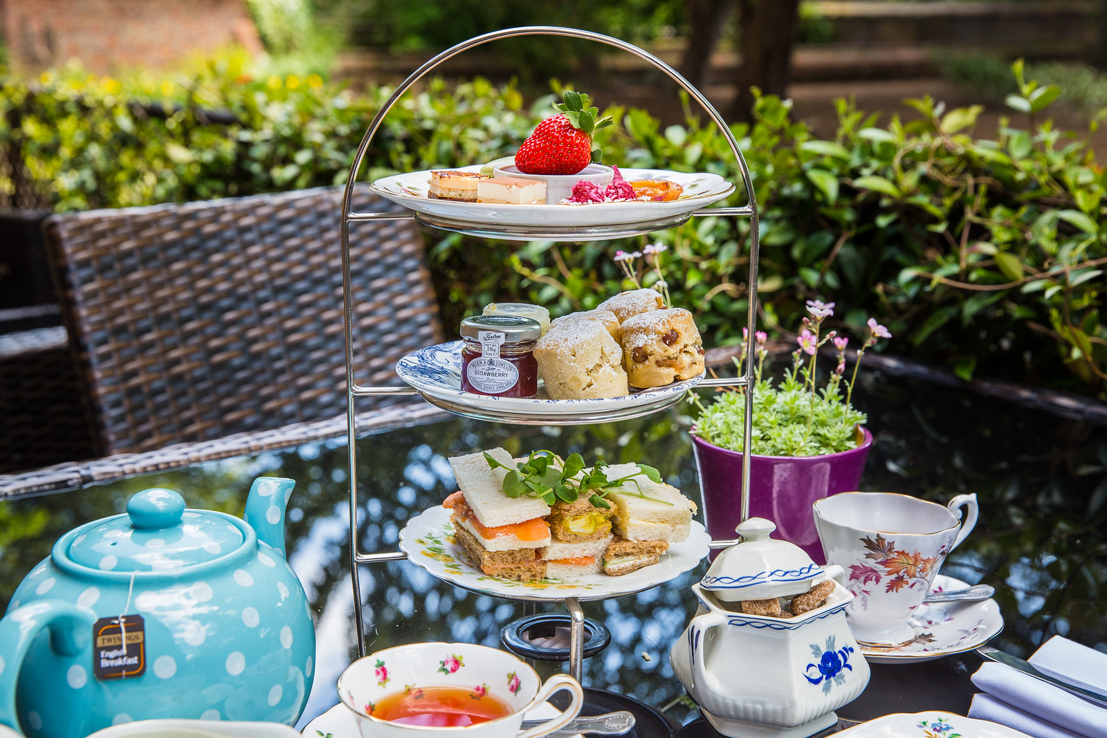 Afternoon tea setup at Moat Terrace, Tudor Barn Eltham, perfect for networking events.