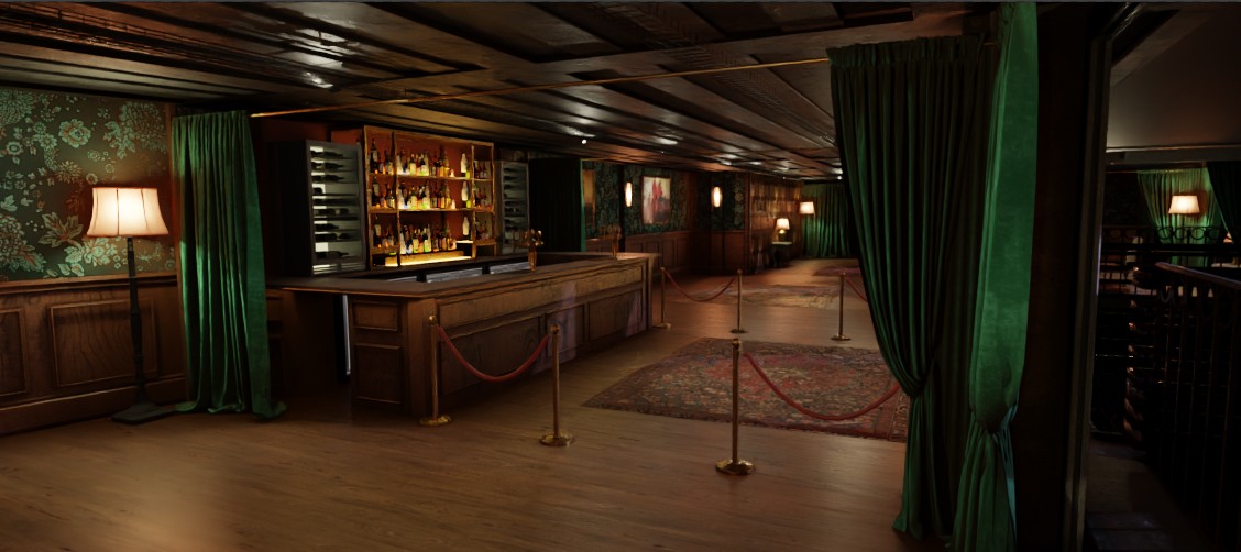 Sophisticated Mezzanine event space with elegant bar for networking and gatherings.