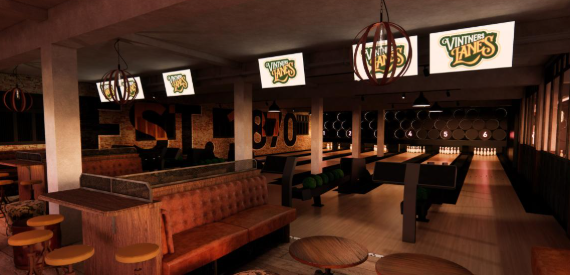 Modern Bowling Alley at Vintners Lanes, stylish seating for sports events and gatherings.