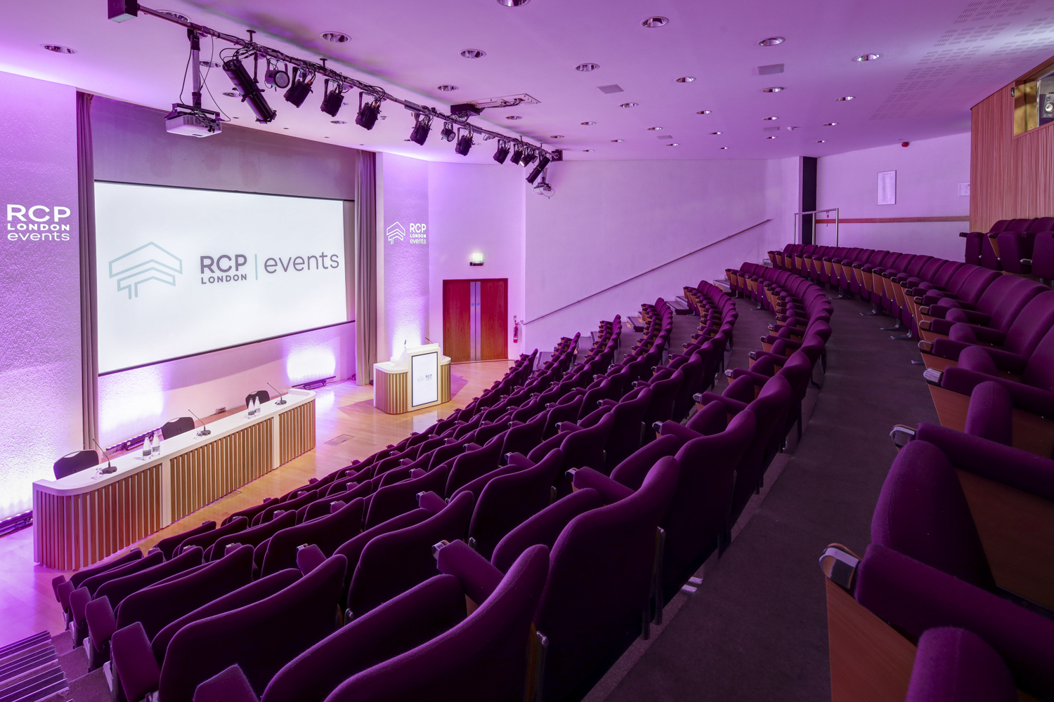 Seligman Theatre auditorium with tiered seating for conferences and events in RCP London.