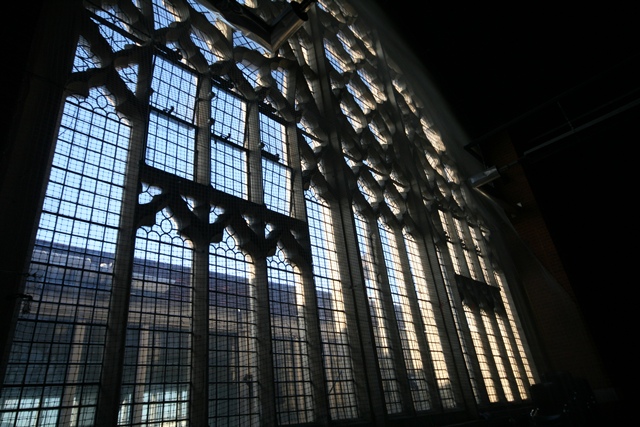 Stained glass window in Harrow Club's Sports Hall, perfect for weddings and events.