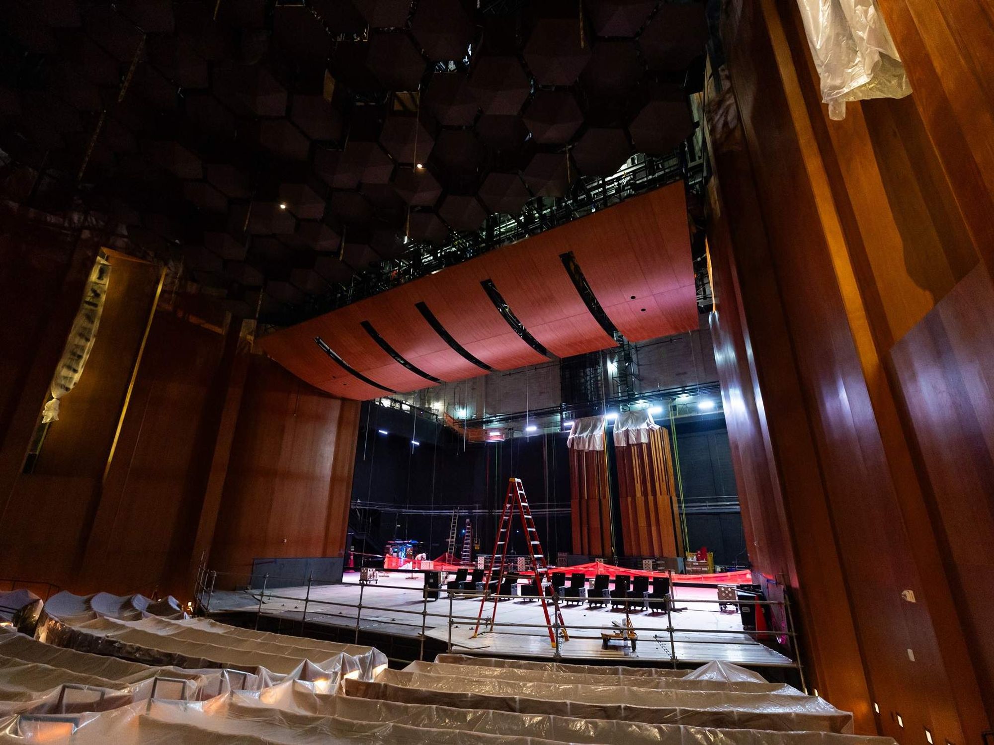 Jones Hall concert hall auditorium with high stage and advanced lighting for events.