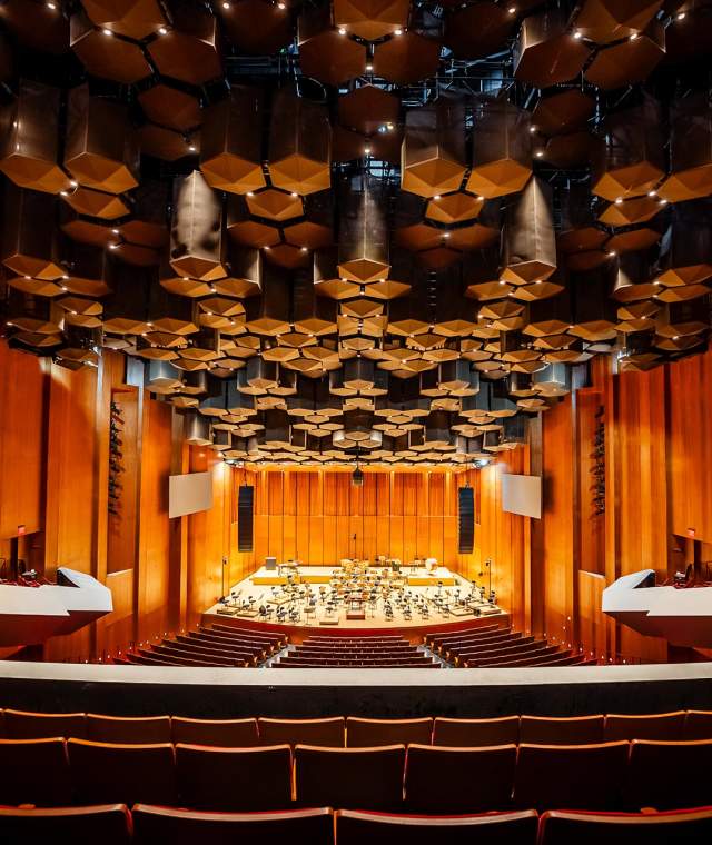 "Jones Hall concert hall with innovative hexagonal ceiling design for immersive events"