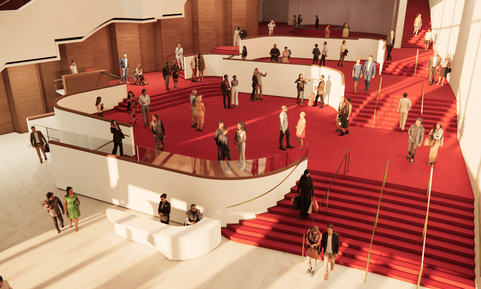 Elegant concert hall with red carpeting, perfect for upscale events and conferences.