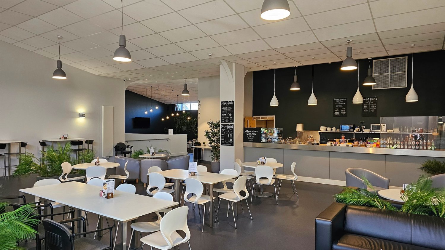 Modern cafe venue with ample seating for informal meetings and networking events.