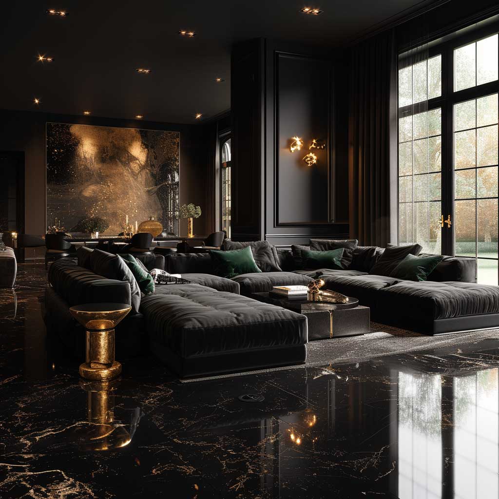 Sleek black lounge area with plush seating for networking and upscale events.