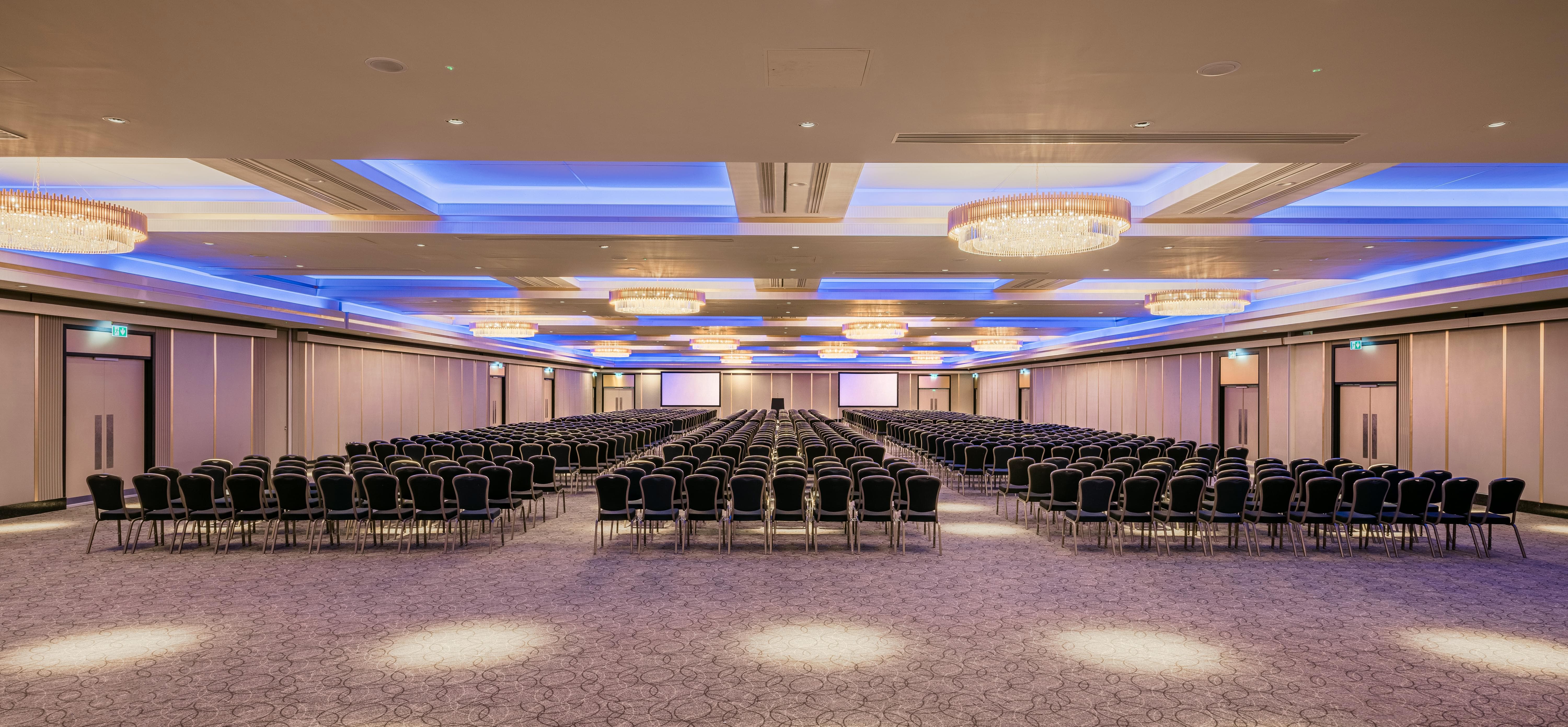 Peninsula Ballroom theater setup with LED lighting for corporate events and keynote presentations.