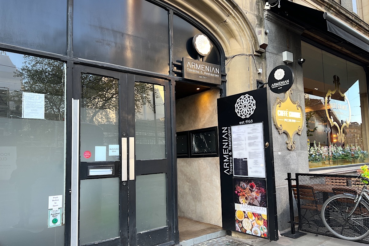 "Armenian Taverna entrance with sleek façade, ideal for events and intimate gatherings."