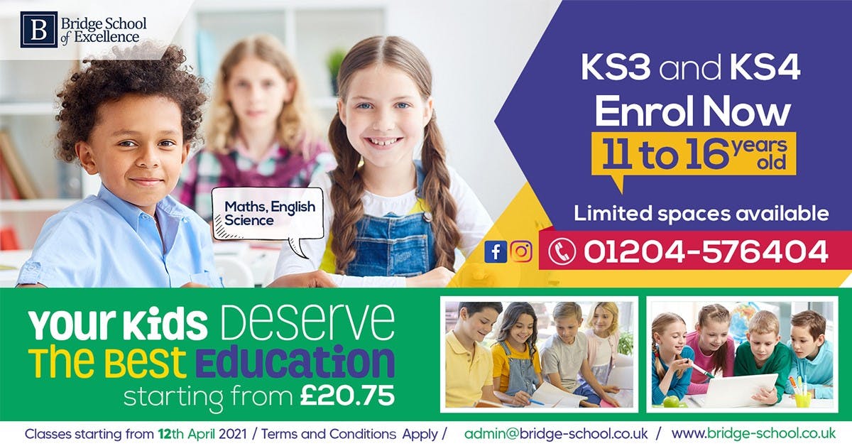 Training Rooms at Bridge School: Vibrant ad for 11-16 enrollment in Math, English, Science.