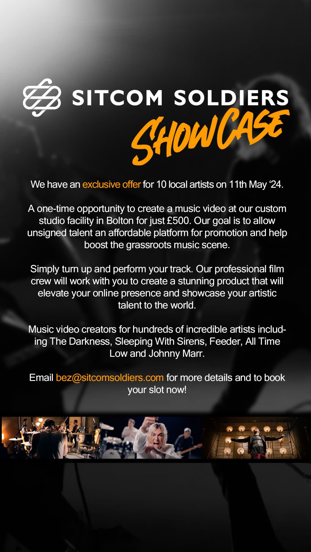 Promotional flyer for affordable music video event at Sitcom Soldiers Studios.