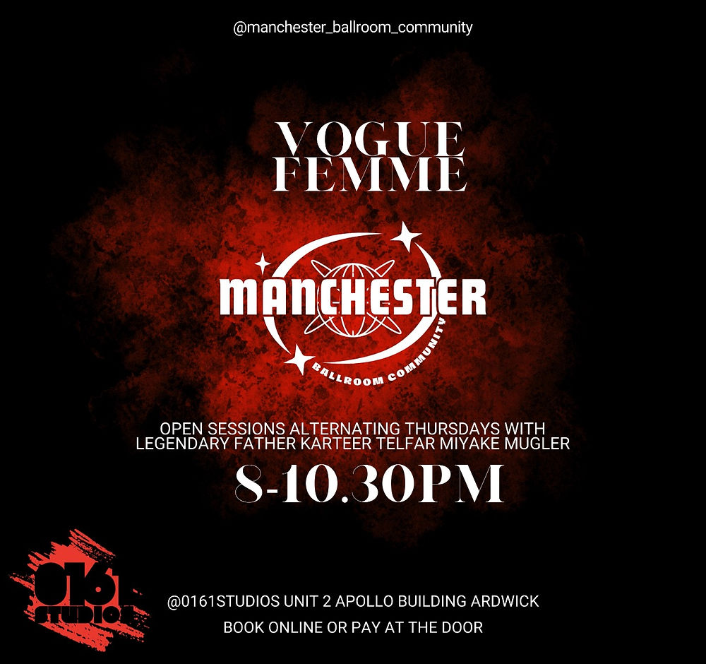 Promotional flyer for Vogue Femme ballroom event in Manchester, featuring engaging sessions.