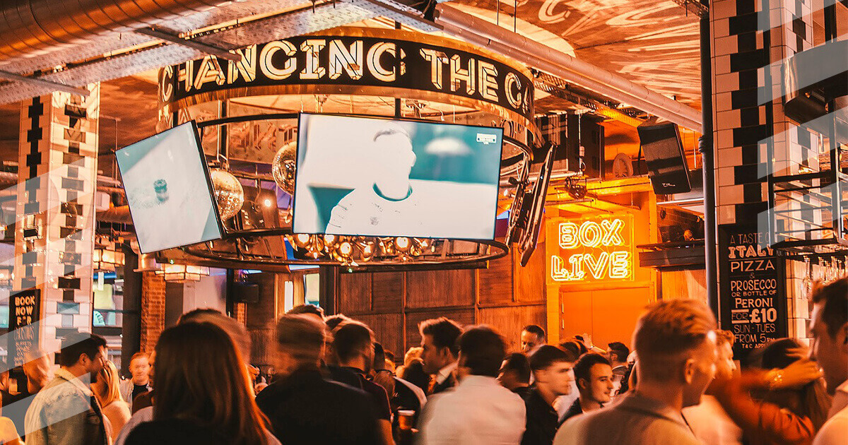 Upstairs Bar at BOX Deansgate: vibrant venue for sports viewings and networking events.