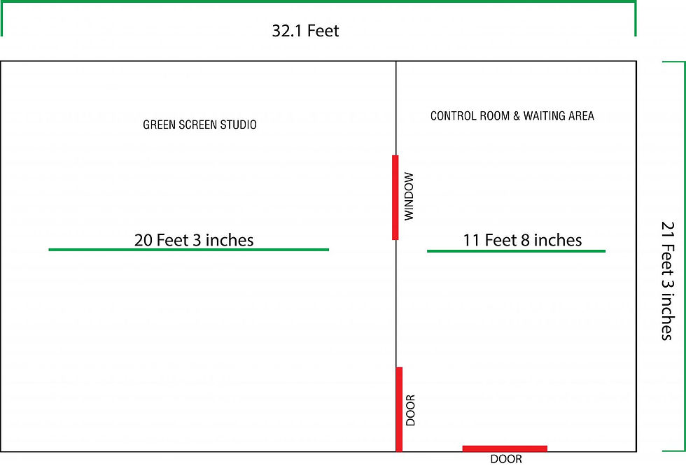 Event space floor plan with green screen studio, ideal for productions and meetings.