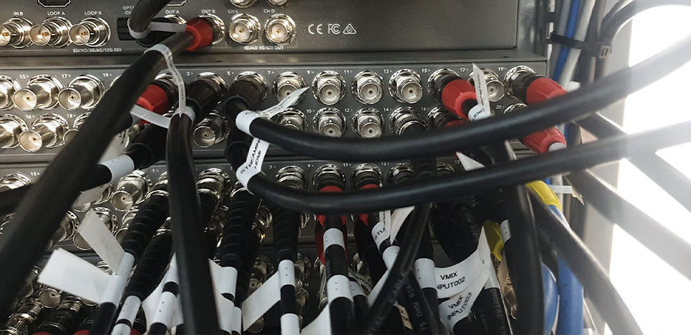 "Complex audio-video connections in Imagine Media Network event setup for seamless presentations."