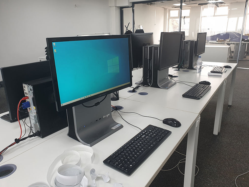 Modern office workstations ready for corporate meetings and training sessions.