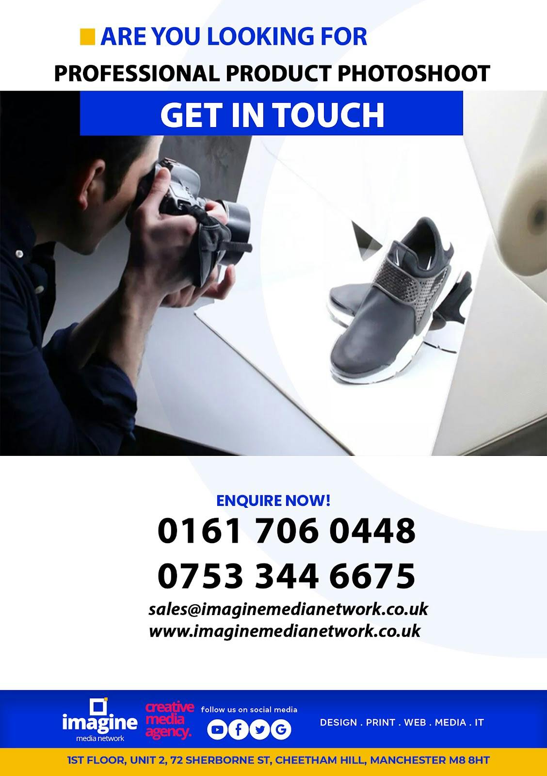 Photographer capturing stylish footwear for marketing event visuals at Imagine Media Network.