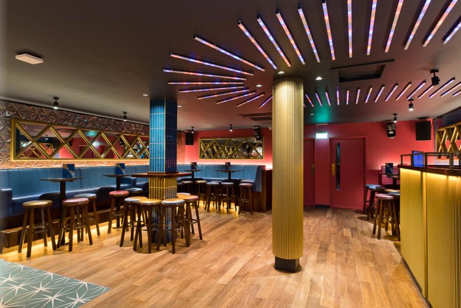 Chic event space at The Portland Bar and Grill with stylish lighting for gatherings.