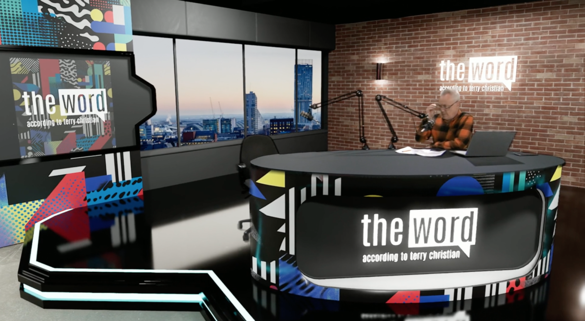 Modern podcast studio with vivid graphics for hybrid events and live streaming.