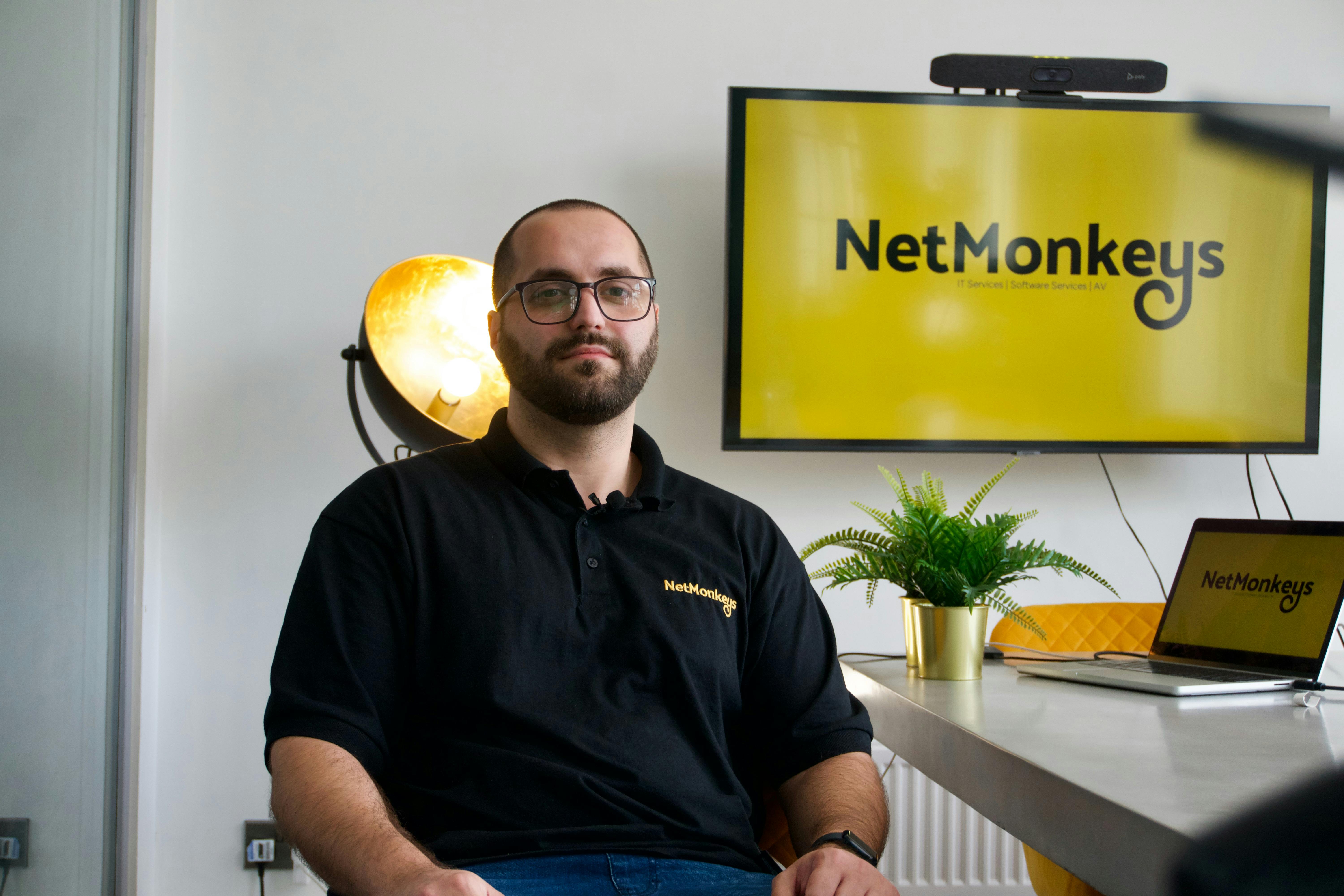 On-Site Support for virtual meetings, featuring a branded presenter at a tech setup.