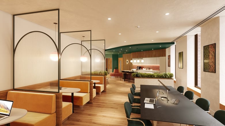 Modern meeting room with cozy booth seating for events and workshops at Orega Balloon Street.