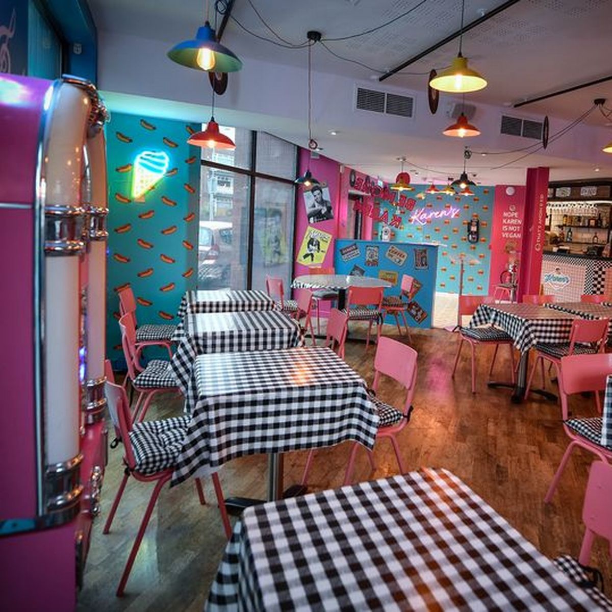 Colorful diner seating in Karen's Diner, perfect for casual meetings and themed events.