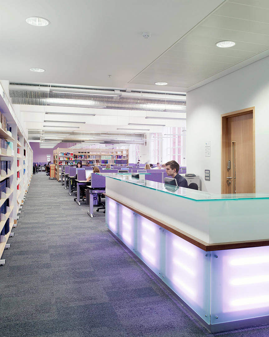 Modern University of Law Manchester library with bright open workspaces for collaborative events.