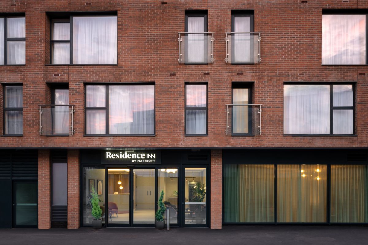 Residence Inn Manchester Piccadilly exterior, modern brick façade, business events venue.
