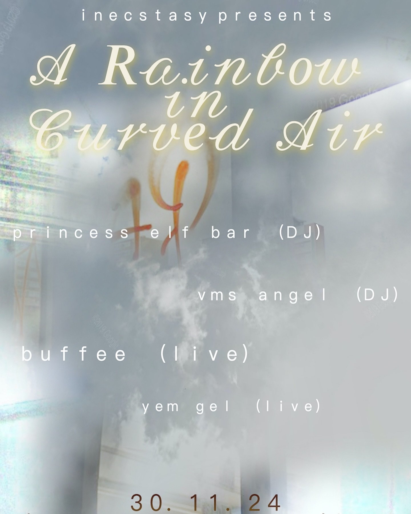 "Promotional flyer for 'Curved Air' event at Honey Street Studio, featuring live DJs."