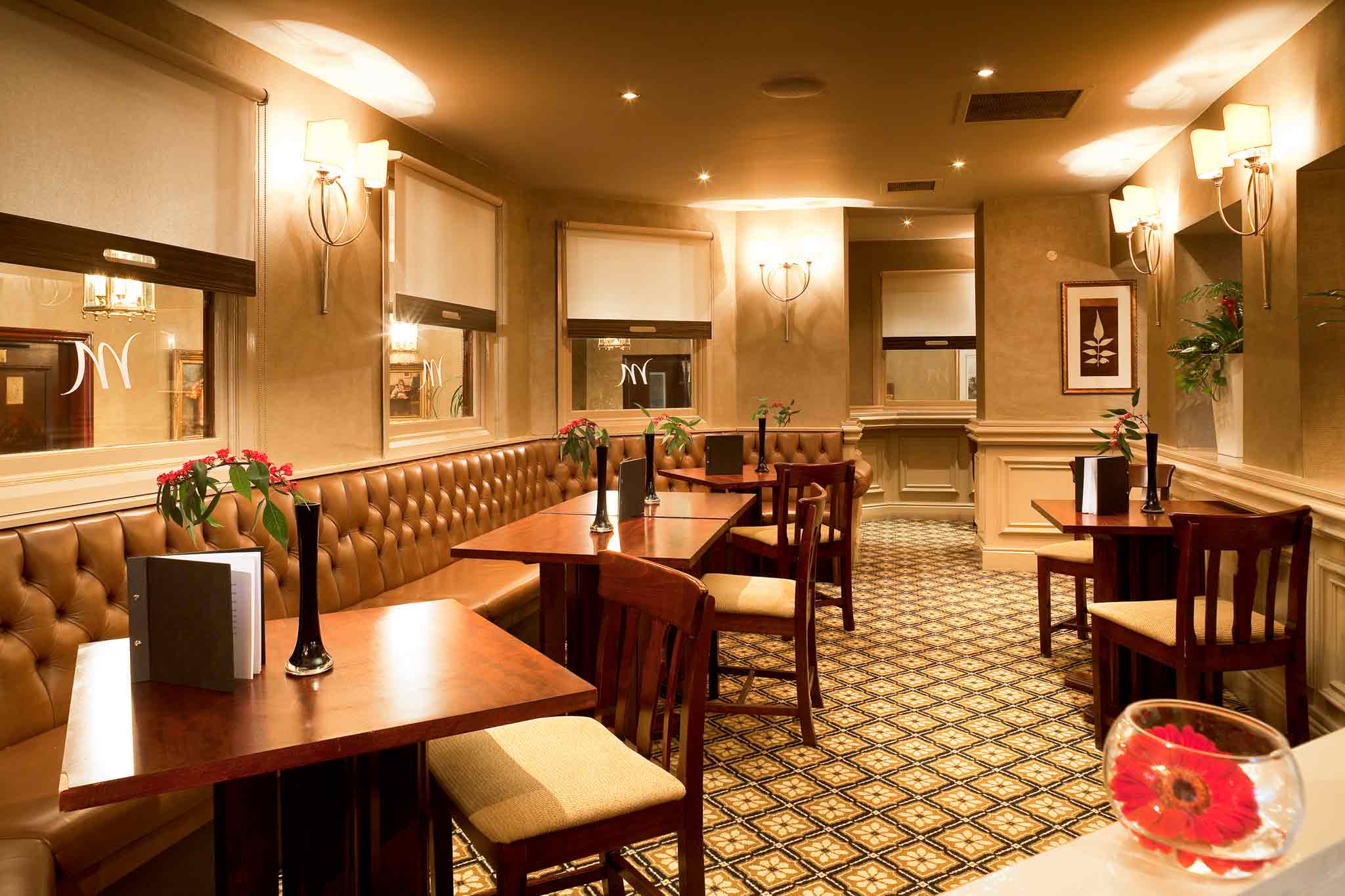 Cozy Grange Restaurant dining space in Norton Grange Hotel for private events and meetings.