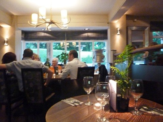 Intimate restaurant setting with warm lighting, perfect for business meetings and networking.