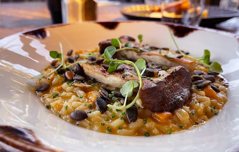 Creamy risotto with chicken and herbs at The Wayfarer restaurant, ideal for events.