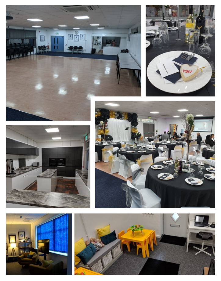 Hulme Community Hall event space with elegant tables, ideal for corporate gatherings.