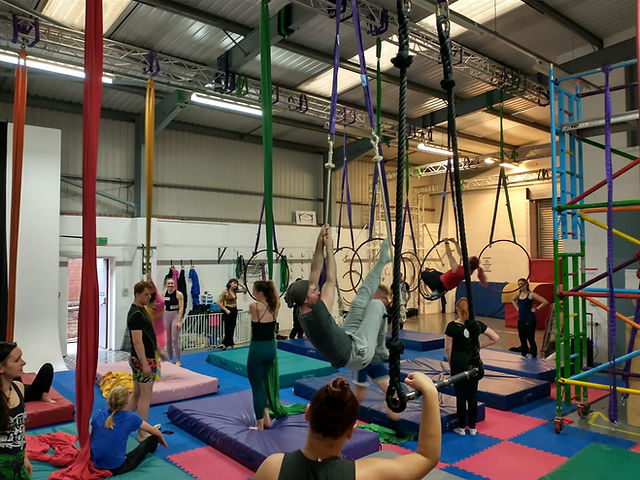 Acrobalance session in vibrant aerial arts studio for team-building workshops.