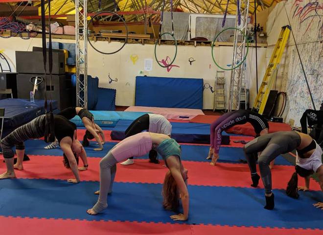 Dynamic aerial fitness class in vibrant studio, perfect for wellness workshops and team-building.