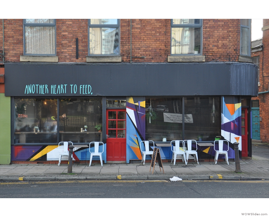Vibrant brunch café exterior perfect for networking events and casual meetings.