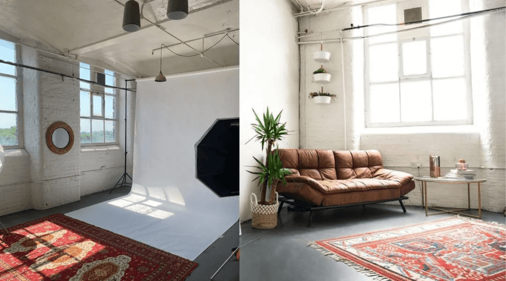 Photography studio with bright backdrop, ideal for photoshoots and networking events.