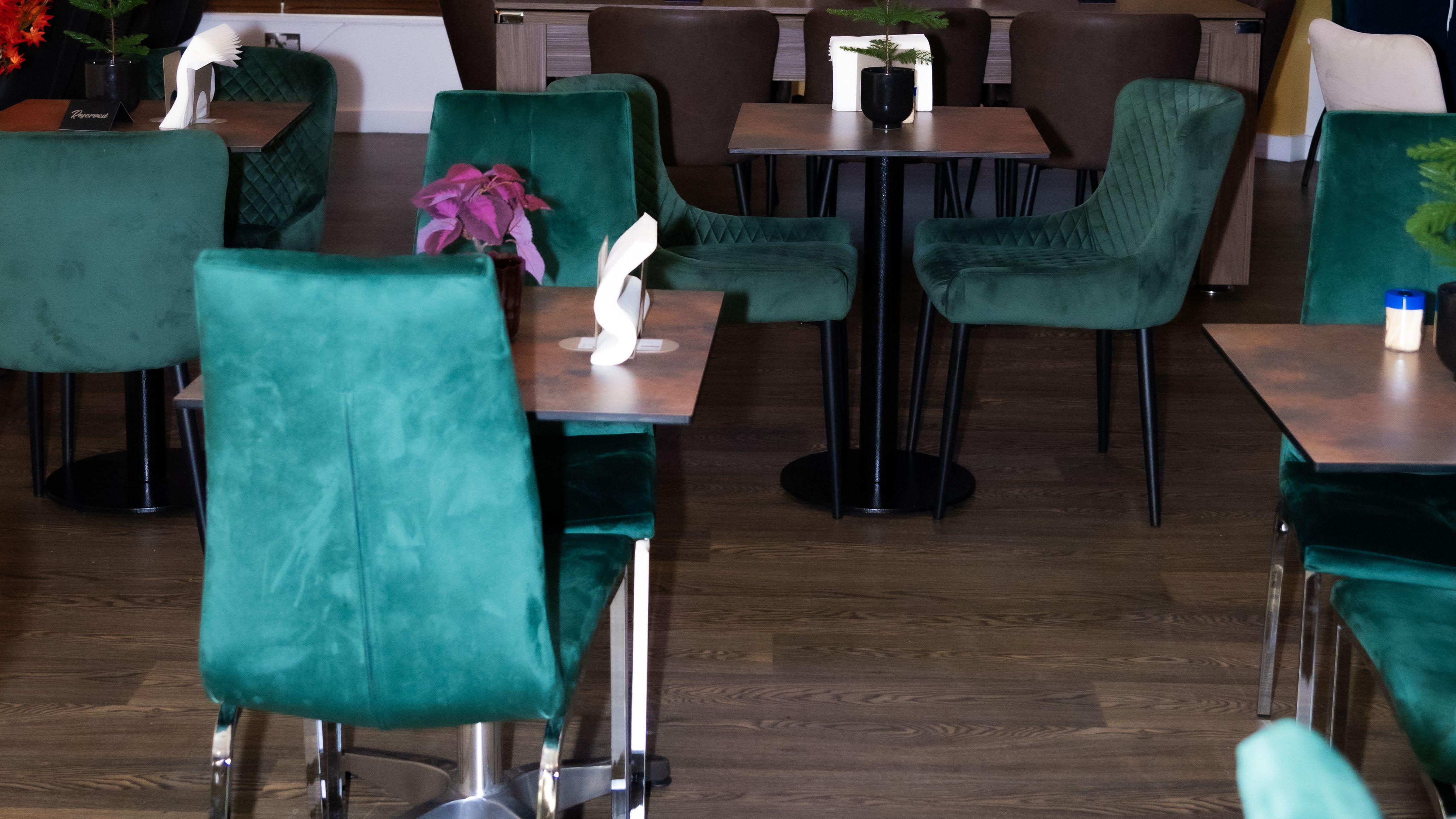 Stylish bar seating with green chairs in Buka Royale, ideal for events and meetings.