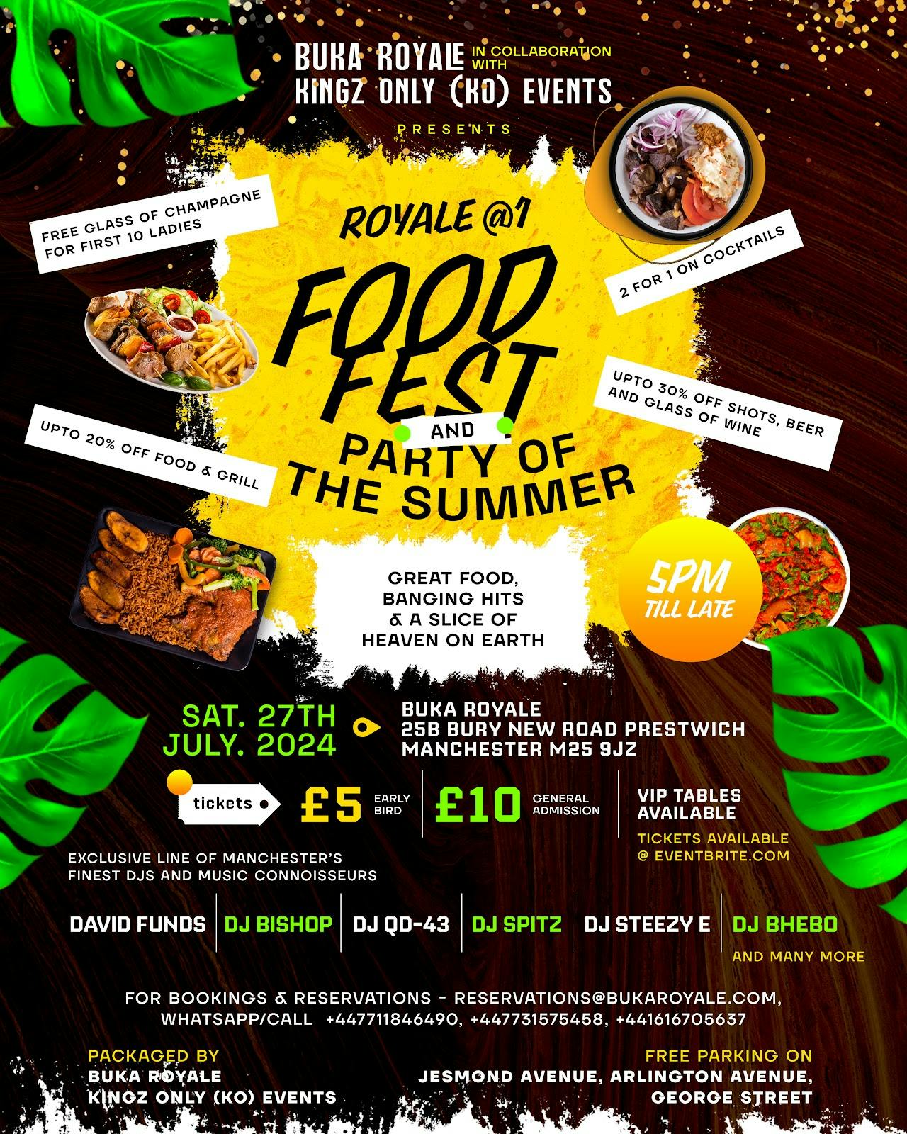 Promotional flyer for Buka Royale's Summer Food Fest and Party with bold tropical design.