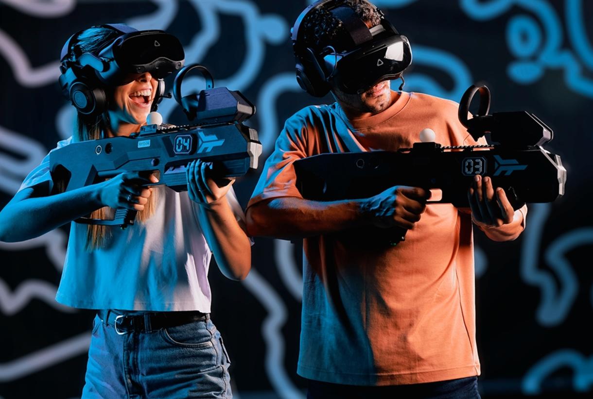 Immersive Play Zone at Meetspace VR Manchester, showcasing VR team-building excitement.