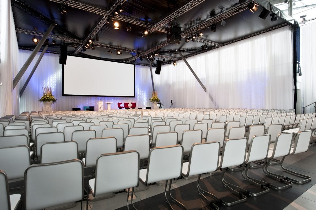 Main Deck at Passenger Terminal Amsterdam set up for a conference with ambient lighting.