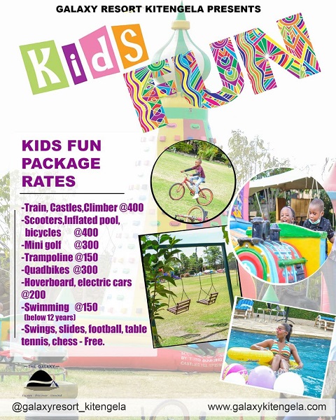 Colorful kids' event flyer at Galaxy Resort Kitengela with fun activities and pricing.