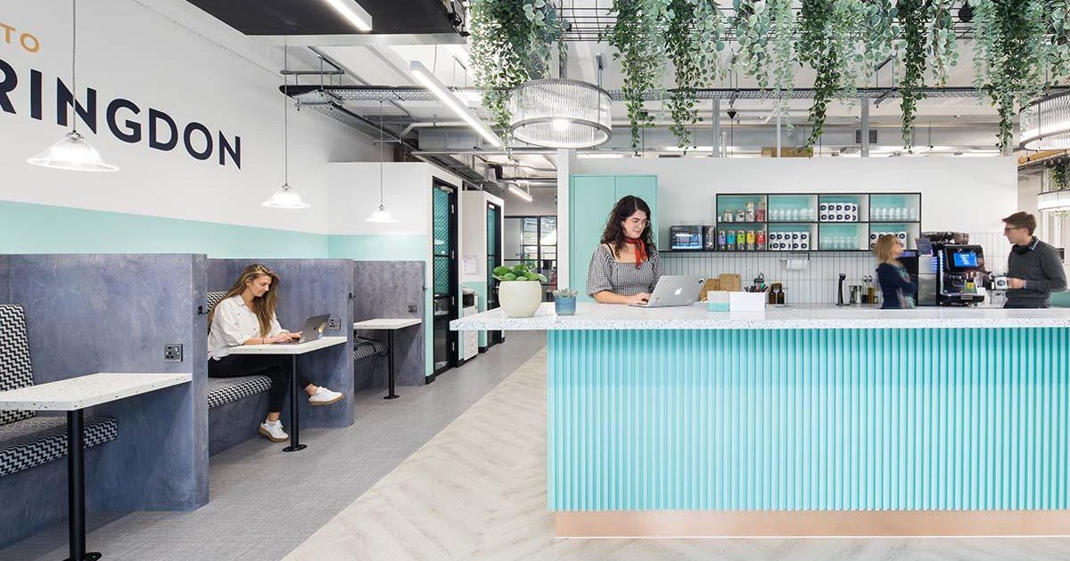 Modern co-working space with stylish reception, ideal for networking events and meetings.