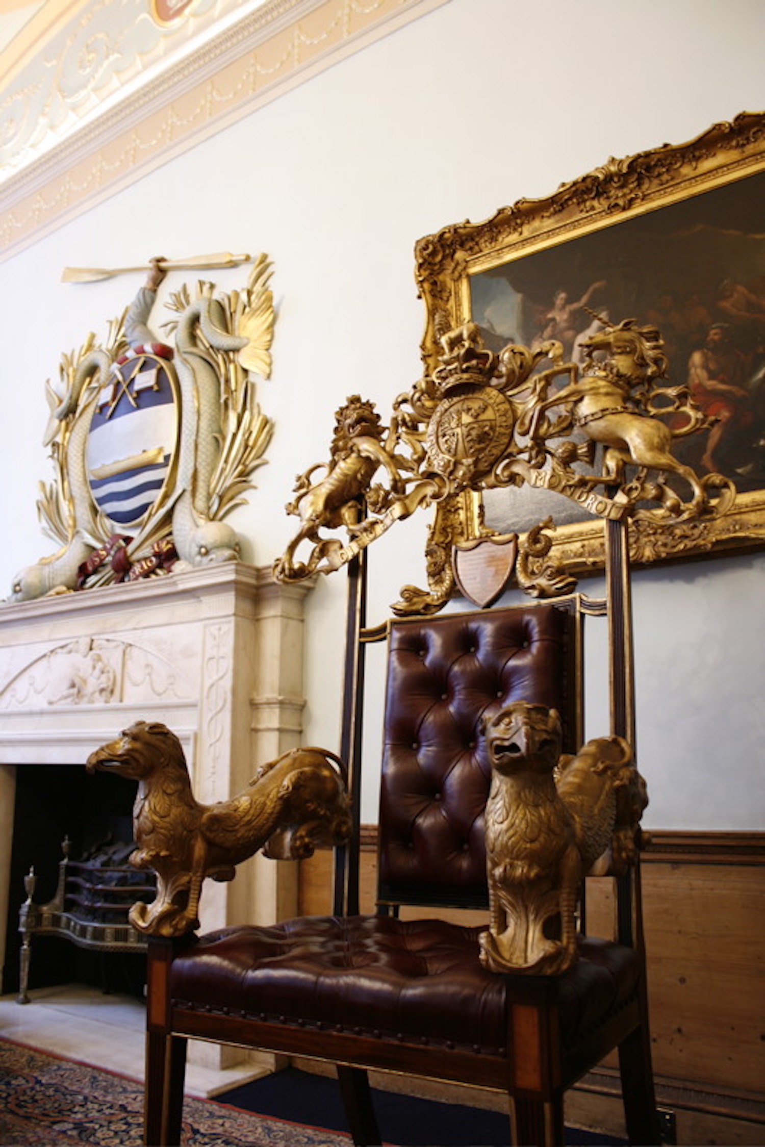 Grand ceremonial chair in Watermen's Hall, ideal for prestigious events and ceremonies.